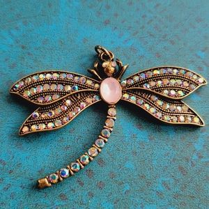 Dragonfly pendant aurora borealis AB gold tone insect bug fairycore